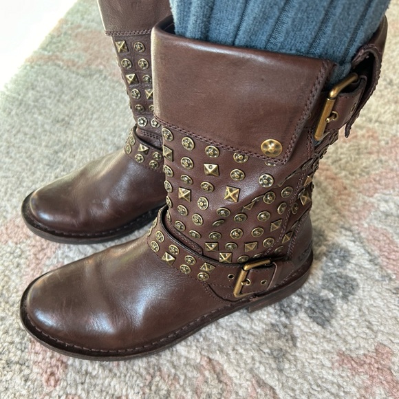 UGG Brown Leather Studded Motorcycle Boots - Picture 4 of 9
